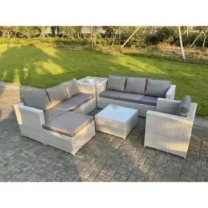 Image of Fimous 7 Seater Outdoor Light Grey Rattan Corner Complete Sofa Set with 2 Coffee Tables and Big Footstool