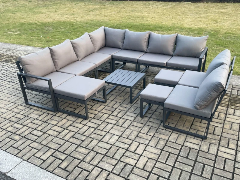 Image of Fimous 12 Seater Patio Outdoor Garden Furniture Aluminium Lounge Corner Sofa Set with Square Coffee Table with 3 Footstools Dark Grey Dark Grey Unisex
