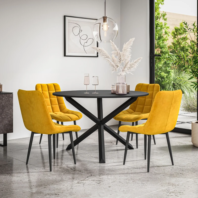Image of More4Homes Malvern Round Dining Table And Chairs - Black Table Top W Solid Black Oak Legs + Nova Velvet Dining Chair Set Of 4 (Mustard)
