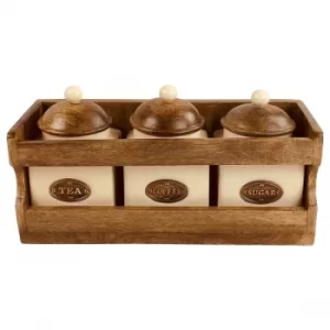 Image of Wooden Rack with 3 Ceramic Jars