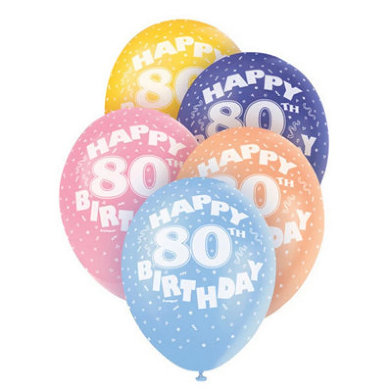 Image of Unique Party 12" 80Th Orted Latex Balloons (Pack Of 5) Multicoloured (One Pack)