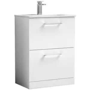 Image of Nuie Arno Gloss White 600mm 2 Drawer Vanity Unit with 18mm Profile Basin - ARN133B - Gloss White