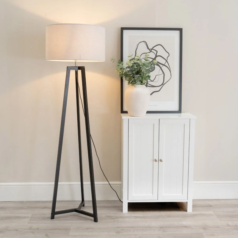 Image of ValueLights Lottie Black Wood Tripod Floor Lamp with Fabric Drum Shade Grey