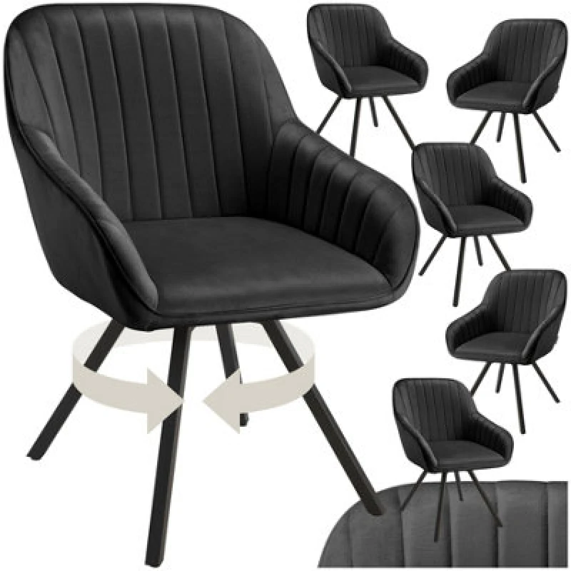 Image of Tectake Set Of 6 Lounge Armchair Living Room Accent Chair 360 Swivel Slim Steel Legs Velvet Fabric - Black