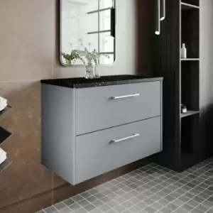 Image of Hudson Reed Juno Wall Hung 2-Drawer Vanity Unit with Sparkling Black Worktop 800mm Wide - Coastal Grey