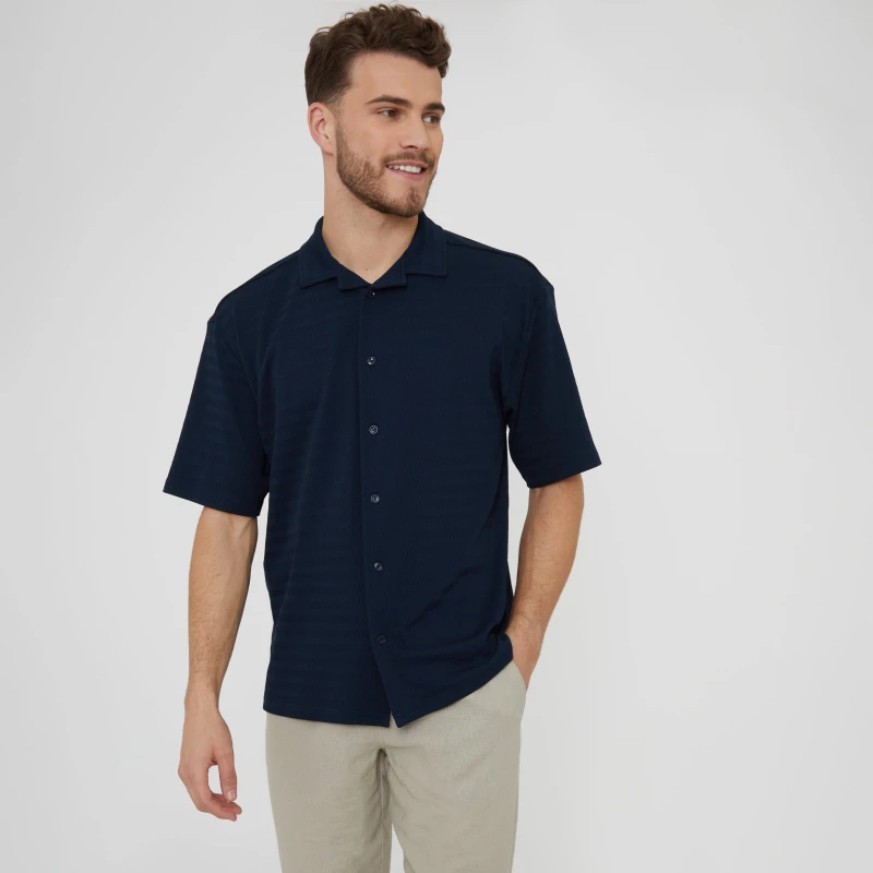 Image of Threadbare Revere Collar Textured Short Sleeve Cotton Shirt Navy male S