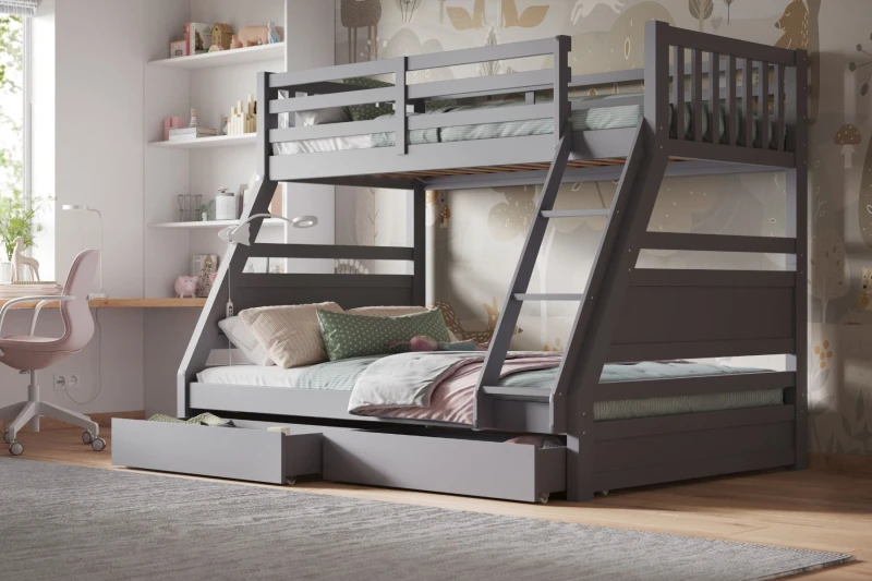Image of Flair Ollie Wooden Triple Bunk Bed with Drawers in Grey Size: Single Grey Unisex Single
