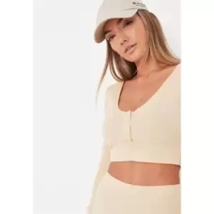 Image of Missguided V Front Popper Ls Crop Top - Neutral