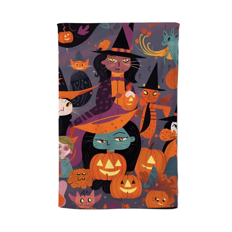 Image of Warren Reed - Designer A Vibrant & Colorful Illustration Of Witches & Pumpkin Tea Towel in Orange Orange Unisex