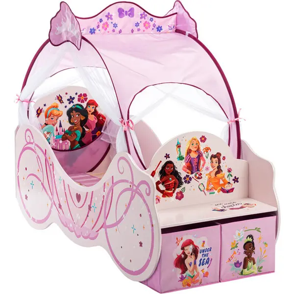 Image of Disney Princess Carriage Toddler Bed With Seat, Storage Boxes And Full Canopy Pink Dimensions: 169.8cm w x 73cm d - Pink - Disney 521645-01-02