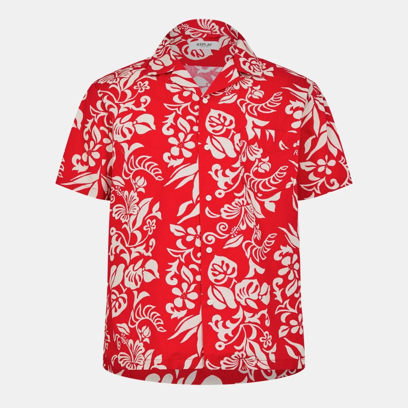 Image of Replay Mens Hawaiian Short Sleeve Patterned Shirt Red male M