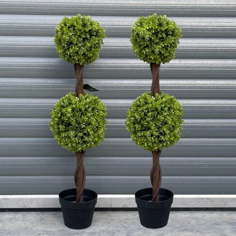 Image of Leaf 90cm Pair of Green Double Ball Topiary Trees Green