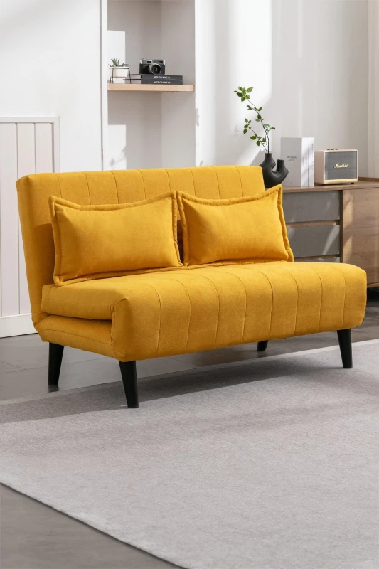 Image of More4Homes Harper 2 Seater Folding Clic Clac Fabric Living Room Lounge Futon Sofa Bed Mustard, Yellow 5.05574E+12