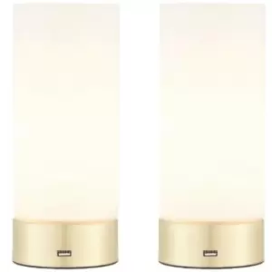 Image of 2 PACK - Touch Dimmable Table Lamp Brass & Frosted Glass Shade Light USB Charger