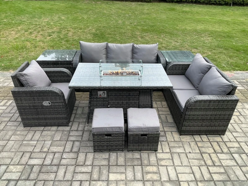Image of Fimous Garden Patio Furniture Wicker Rattan Gas Fire Pit Table and Sofa Chair set with 2 Side Tables 2 Small Footstool Dark Grey