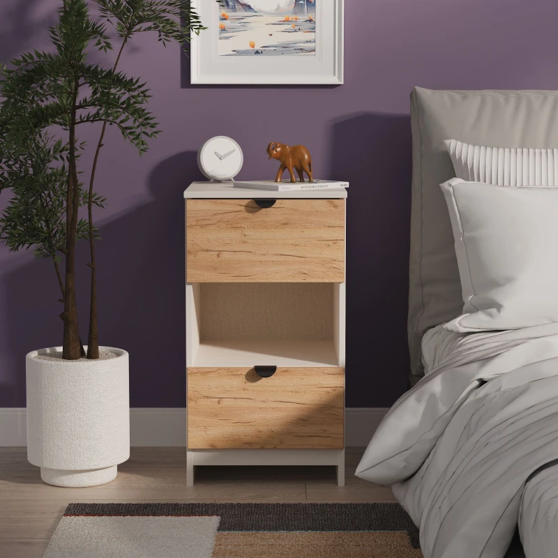 Image of Welcome Furniture Ready Assembled Bora 2 Drawer Open Shelf Bedside Cabinet, Cream BOP601GCKM
