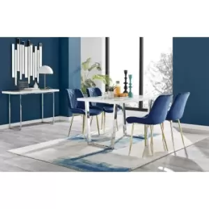 Image of Kylo White High Gloss Dining Table & 4 Navy Pesaro Gold Leg Chairs
