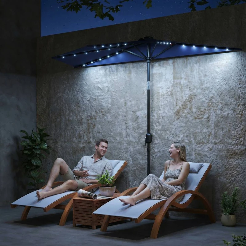 Image of OUTSUNNY 2.6 m Half Parasol with Solar Lights, UPF50+ Semi Round Umbrella in Dark Blue Dark Blue Unisex