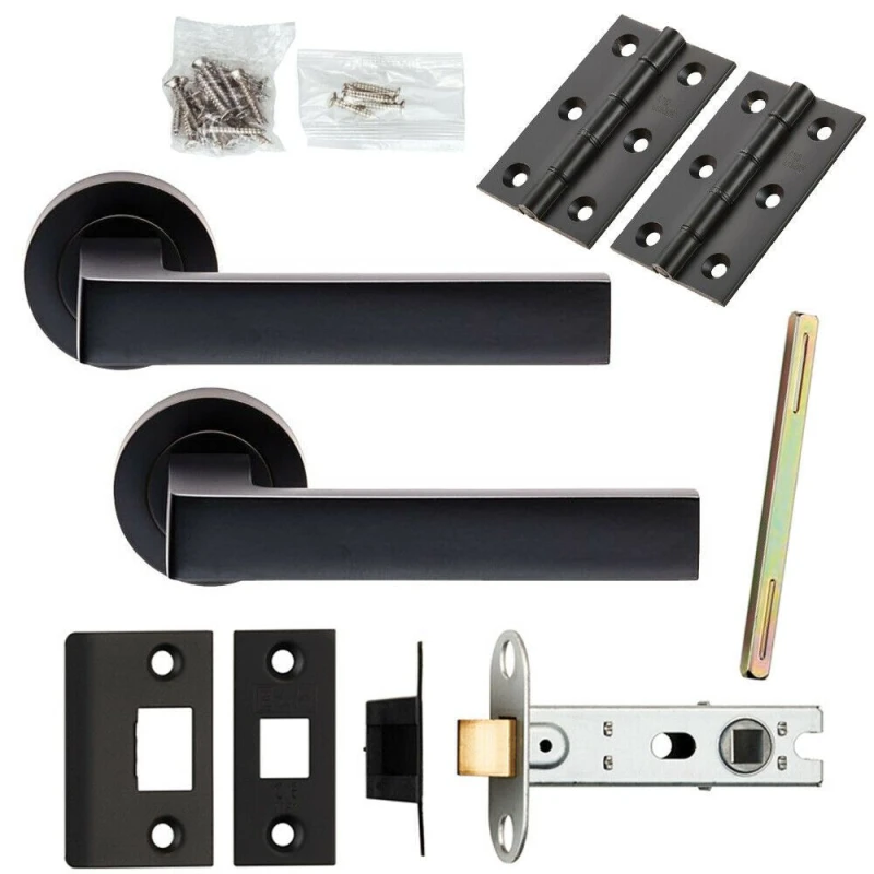 Image of Loops Door Handle & Latch Pack Matt Black Straight Square Lever Screwless Round Rose Black
