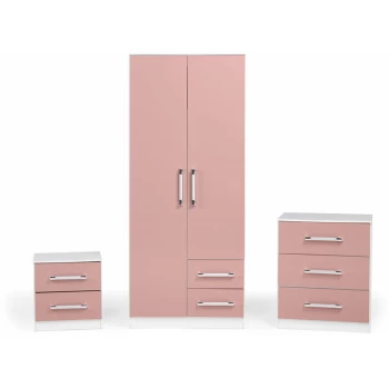 Image of Jasper Bedroom Set Wardrobe Chest Bedside Drawers White & Pink Gloss - Seconique