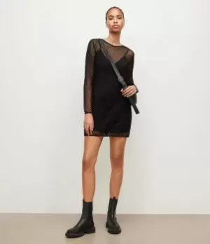 Image of AllSaints Womens Rosalie Embellished Mini Dress, Black, Size: 8