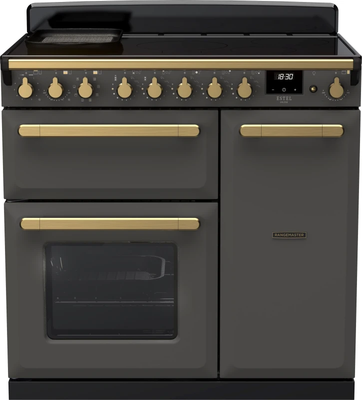 Image of Rangemaster Estel Deluxe ESDL90EIPSLT/AB1 90cm Electric Range Cooker with Induction Hob - Slate / Antique Brass - A/A Rated