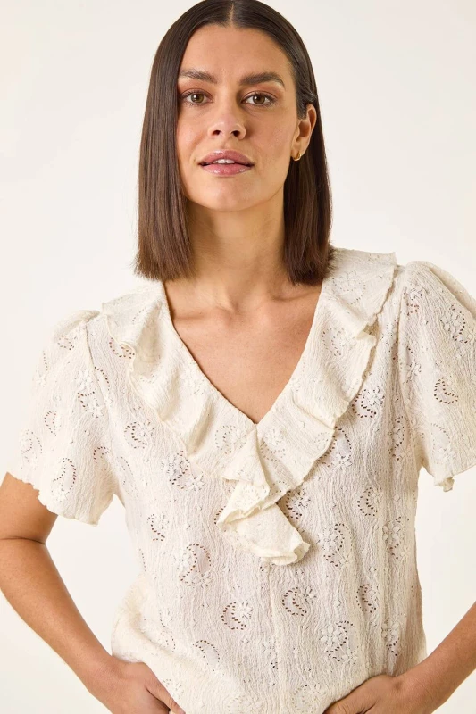 Image of Roman Womens Textured Frill V-Neck Top in Cream Size: 20 Cream Female 20