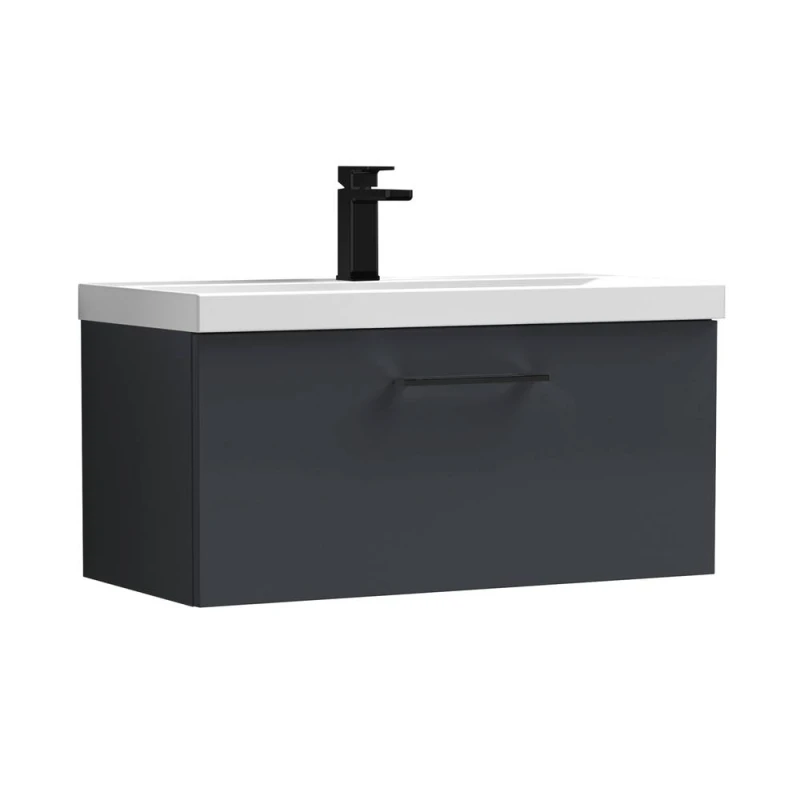 Image of Balterley 800mm Wall Hung 1 Drawer Vanity Basin Unit, Dark Grey, Black Handle in Grey Grey Unisex