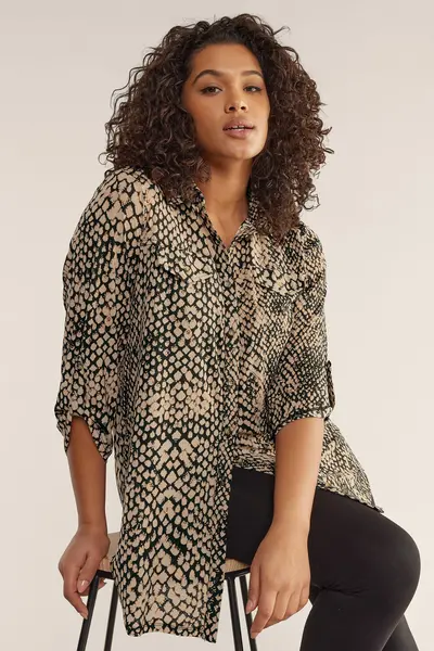 Image of Evans Snake Print Tab Sleeve Shirt Brown