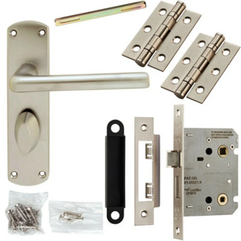 Image of Loops Door Handle & Bathroom Lock Pack Satin Chrome Modern Round Straight Backplate Multi