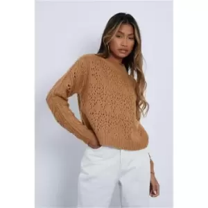 Image of I Saw It First Camel Pointelle Knit Cropped Jumper - Brown