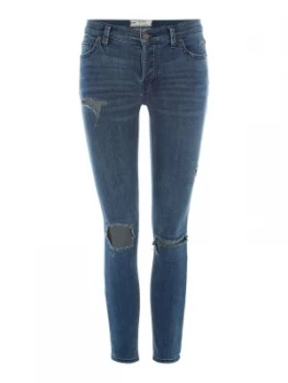 Image of Free People Distressed Fishnet Detail Skinny Jeans Blue
