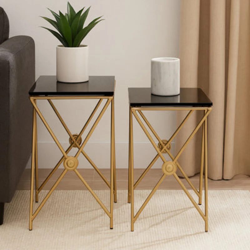 Image of Premier Housewares Stylish Design Gold Finish Side Tables, Versatile Side Table By Couch For Livingroom, Durable Lounge Table Black