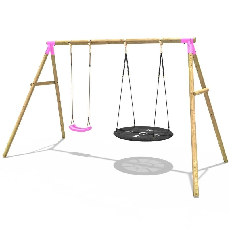 Image of Rebo Wooden Garden Swing Set with Standard and Large Nest Swings - Meteorite Pink Pink