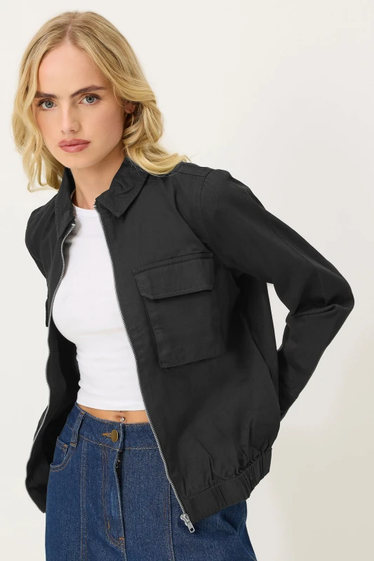 Image of PixieGirl Womens Petite Bomber Collared Jacket in Black Size: 16 Black Female 16
