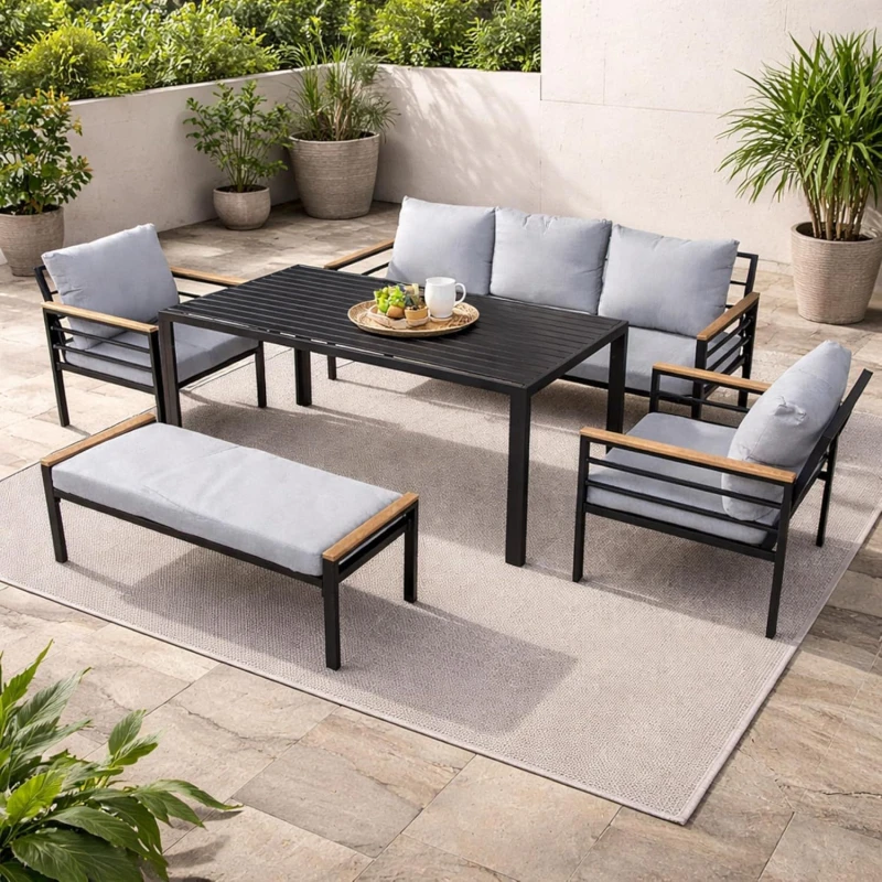 Image of Shatchi 5 Piece Aluminium Garden Sofa Set with Bench, Table & Lounge Chairs Outdoor Furniture in Grey Grey Unisex