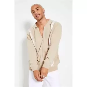 Image of I Saw It First White Stripes Slim Fit Full Zip Knitted Top - Beige