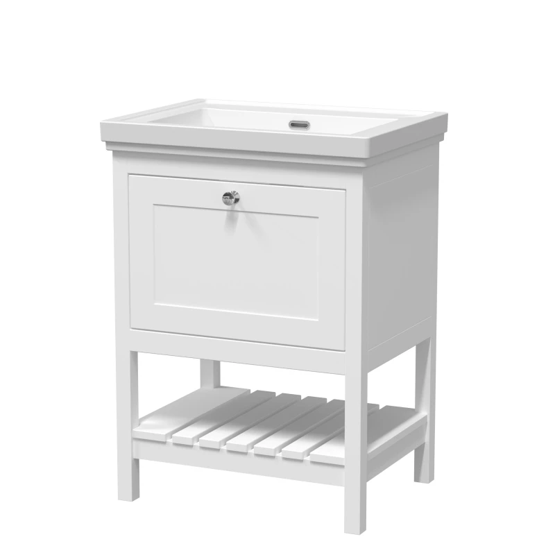 Image of Balterley Bathroom Floor 1 Drawer Vanity & 0 Tap Hole Basin, Pure White, 630mm in White White Unisex