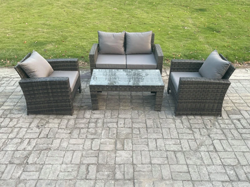 Image of Fimous Outdoor Rattan Garden Furniture Set 4 Seater Patio Lounge Sofa Set with Coffee Table Dark Grey Mixed Dark Grey Unisex
