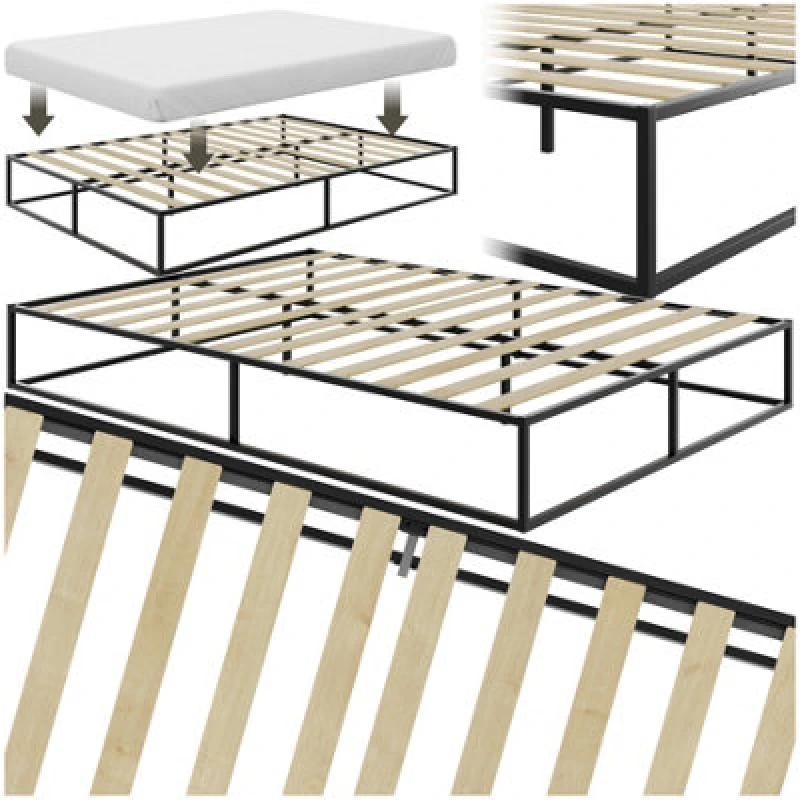 Image of Tectake Bed Frame Kyoto - Steel Frame, Flexible Slats, Storage Space & 250 Kg Load Capacity 140 X 200 Cm - 25.5cm - Black