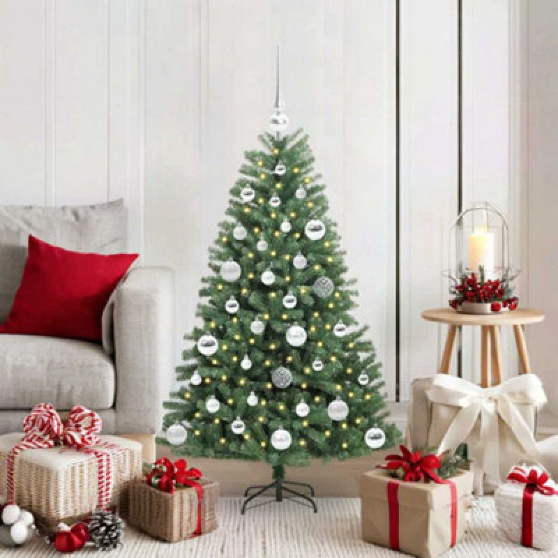 Image of vidaXL Artificial Hinged Christmas Tree with Silver Balls Green 120cm PVC and Metal, Green 3395474