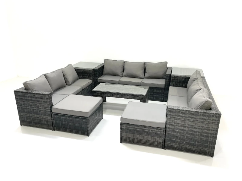 Image of Fimous Outdoor Garden Furniture Set 8 Pieces Rattan Sofa Set with Coffee Table 2 Big Footstools Side Table Dark Grey Mixed Dark Grey