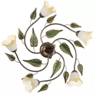 Image of Onli Miranda 5 Light Multi Arm Semi Flush Ceiling Lamp, Antique Gold, Glass Shades