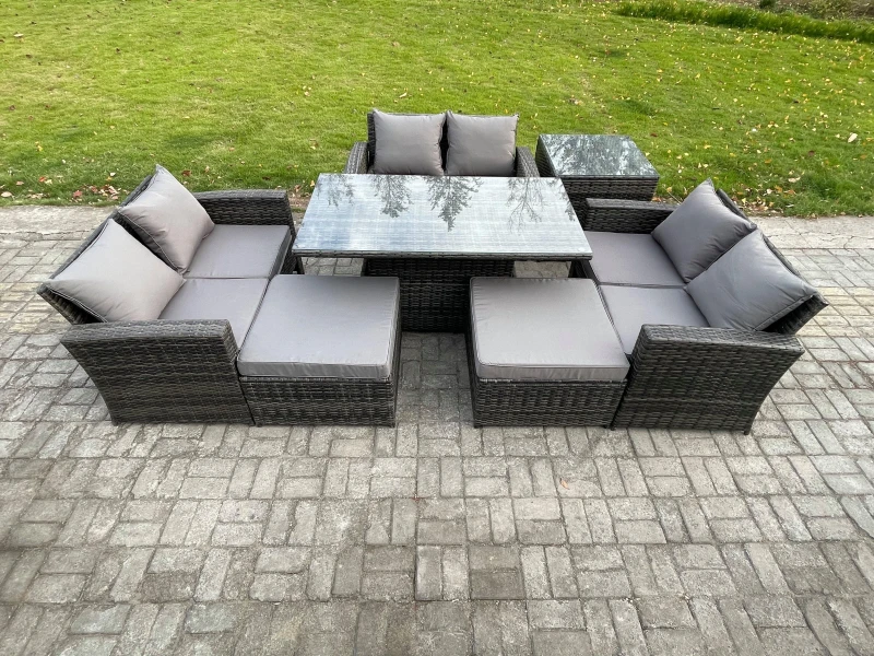 Image of Fimous Wicker PE Rattan Garden Furniture Set Height Adjustable Rising Lifting Table Sofa Dining Set with 2 Big Footstool in Dark Grey Dark Grey Unisex