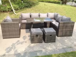Image of Fimous 7 Seater Outdoor Dark Grey Rattan Lounge Complete Sofa Set with Dining Table and 2 Big Footstools