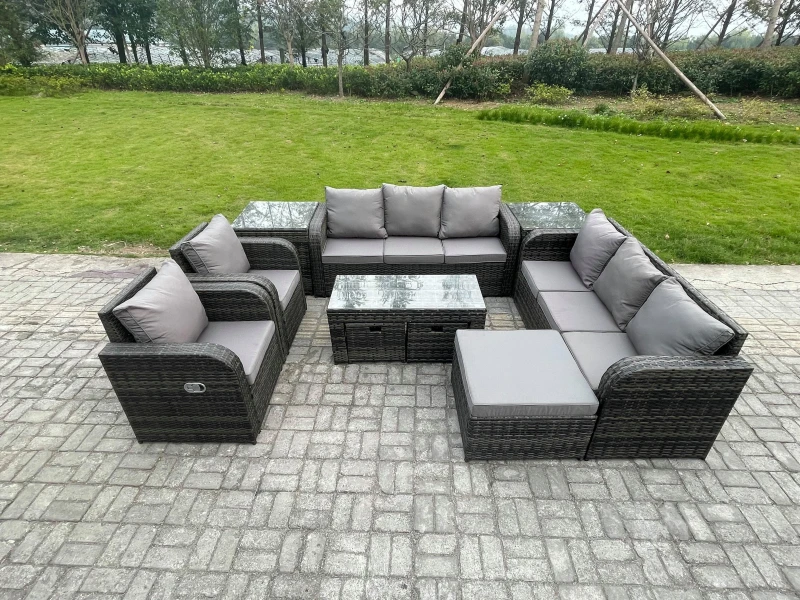 Image of Fimous Wicker PE Rattan Sofa Set 11 Seater Outdoor Patio Garden Furniture Set with 2 Reclining Chairs Coffee Table 2 Side Tables Dark Grey