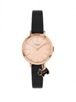 Image of Radley Rose Gold Detail Glitter Dial With Dog Charm And Black Leather Strap Ladies Watch