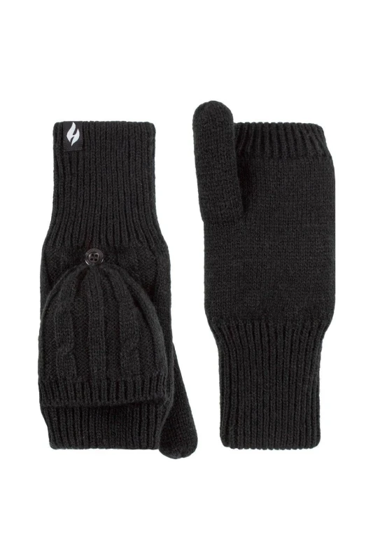 Image of SOCKSHOP Heat Holders 1 Pair Ash Cable Knit Converter Mittens Black