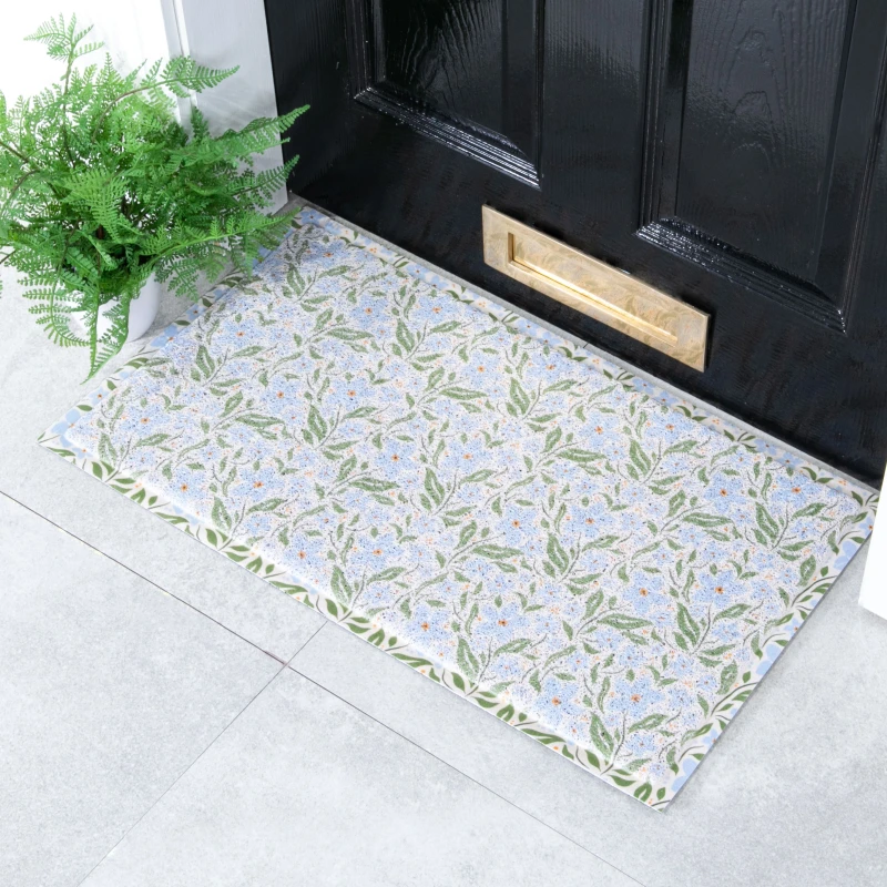 Image of Native Natural Blue Floral Pattern Doormat (70 X 40Cm)