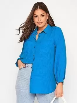 Image of Yours Shirred Cuff Button Through Blouse - Blue Size 18, Women